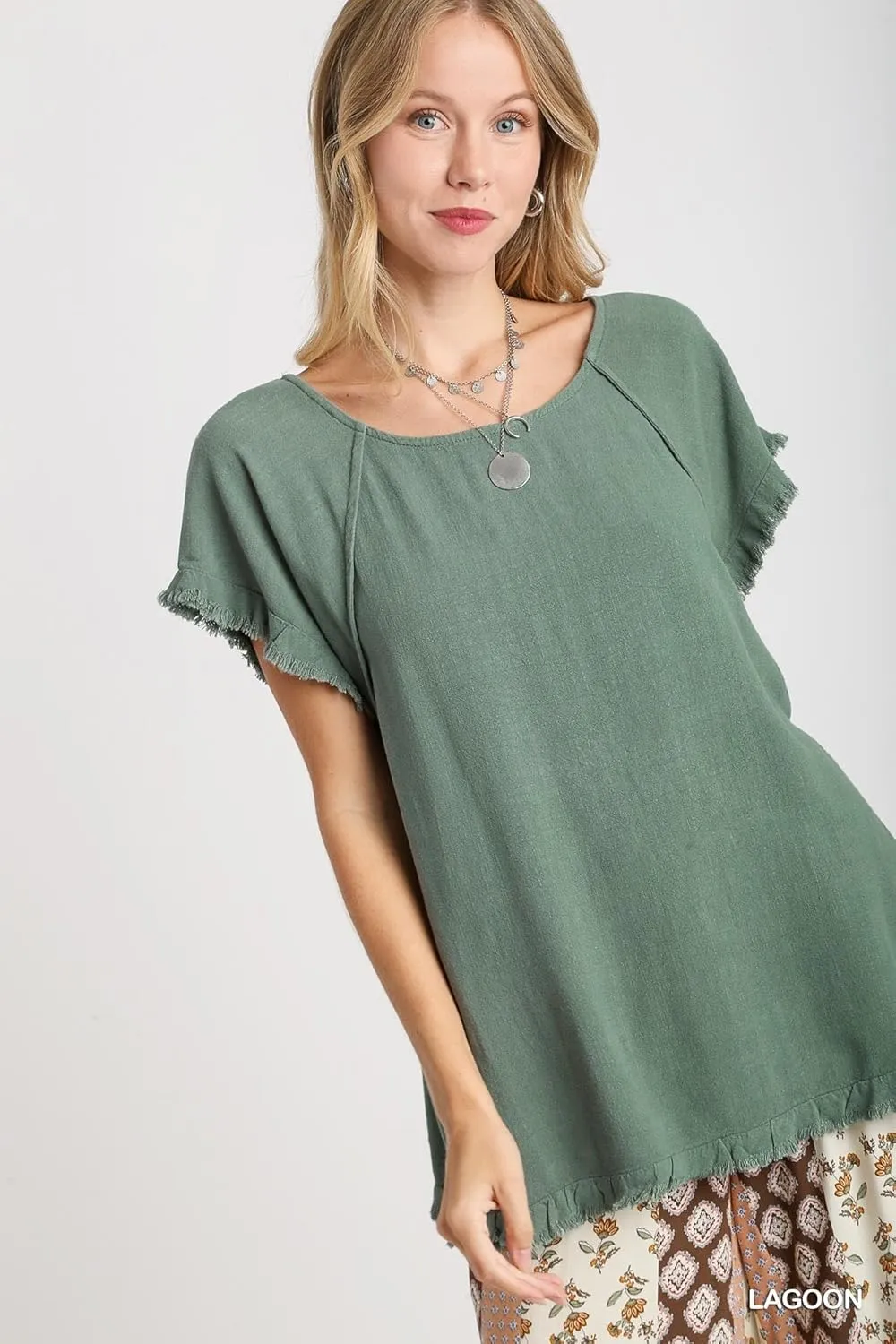 Umgee Linen Ruffle Fringe Edges Top