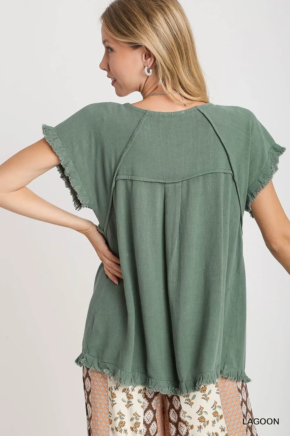 Umgee Linen Ruffle Fringe Edges Top