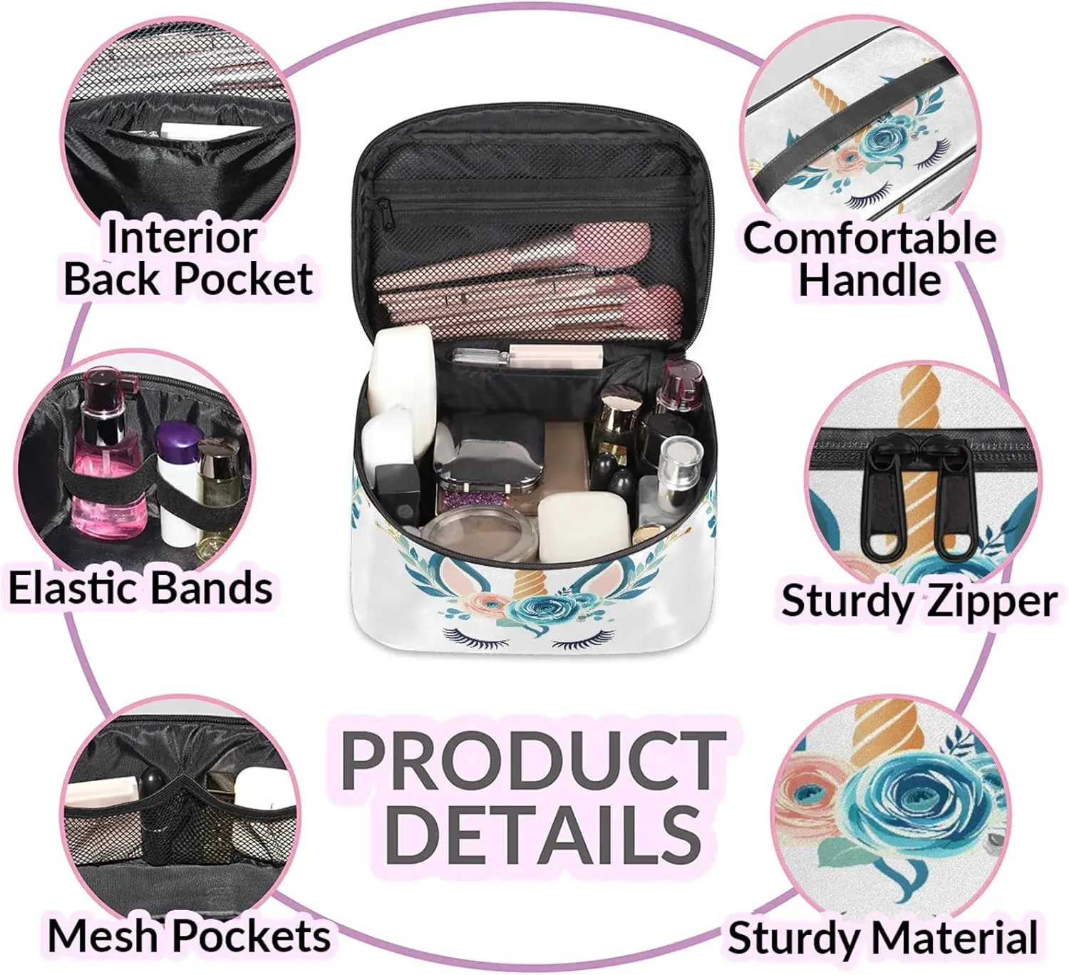 Unicorn Cute Horse Head Travel Toiletry Bag Large Capacity Makeup Case Organizer with Handle Cosmetic Case for Women Girls