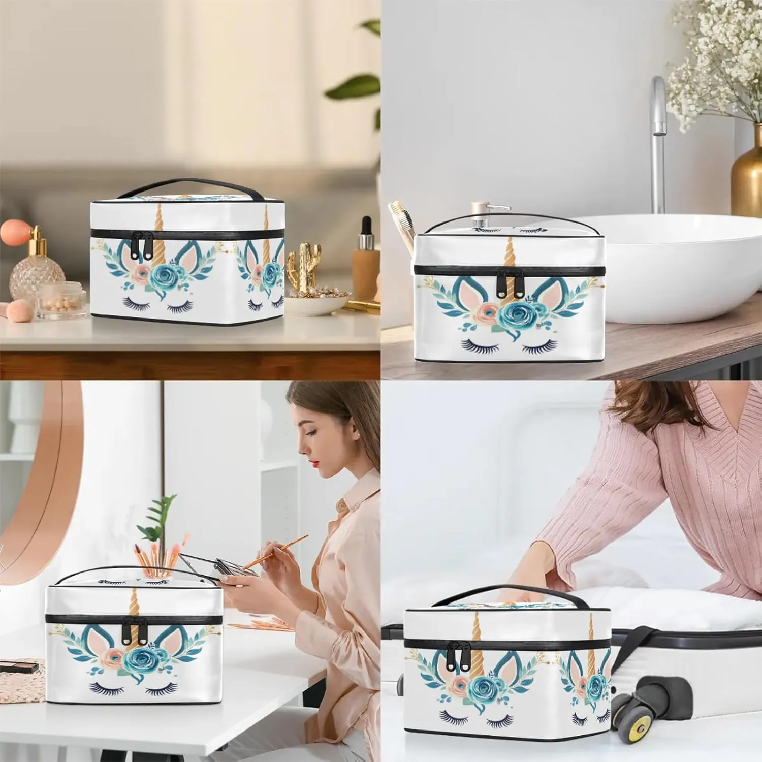Unicorn Cute Horse Head Travel Toiletry Bag Large Capacity Makeup Case Organizer with Handle Cosmetic Case for Women Girls