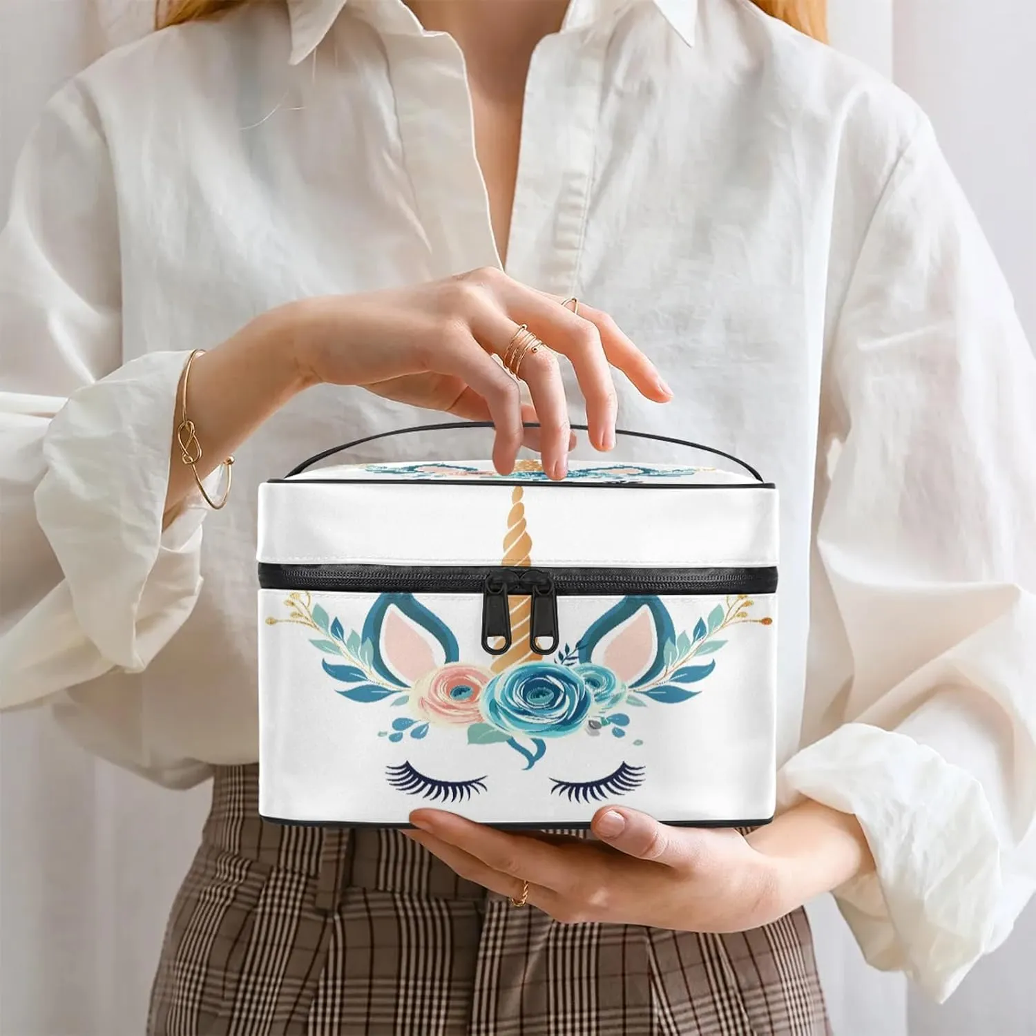 Unicorn Cute Horse Head Travel Toiletry Bag Large Capacity Makeup Case Organizer with Handle Cosmetic Case for Women Girls