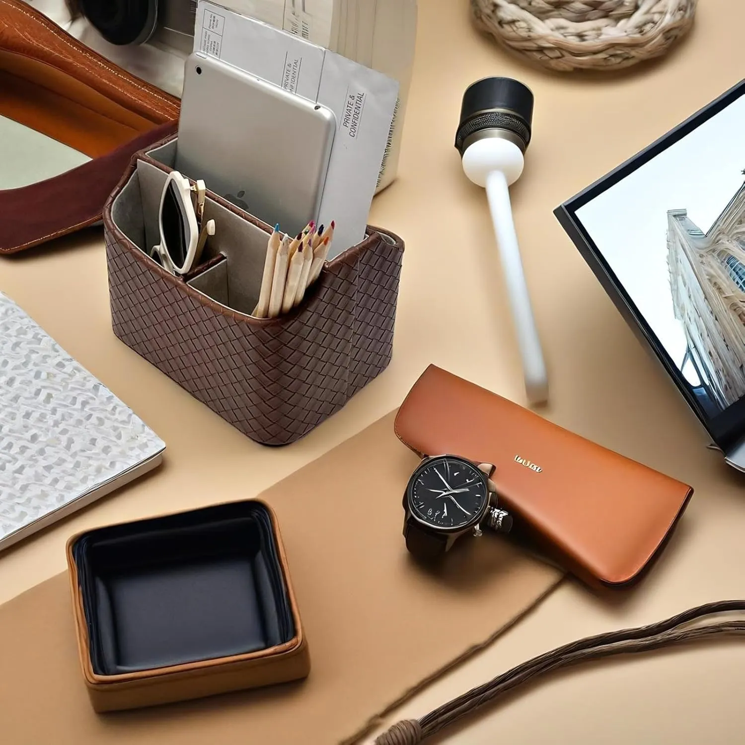 UnionBasic Rotating Desk Organizer, 360 Degree Desk Spinning Caddy, Desktop TV Guide/Mail/Media/Remote Controller Holder Organizer, Woven Coffee