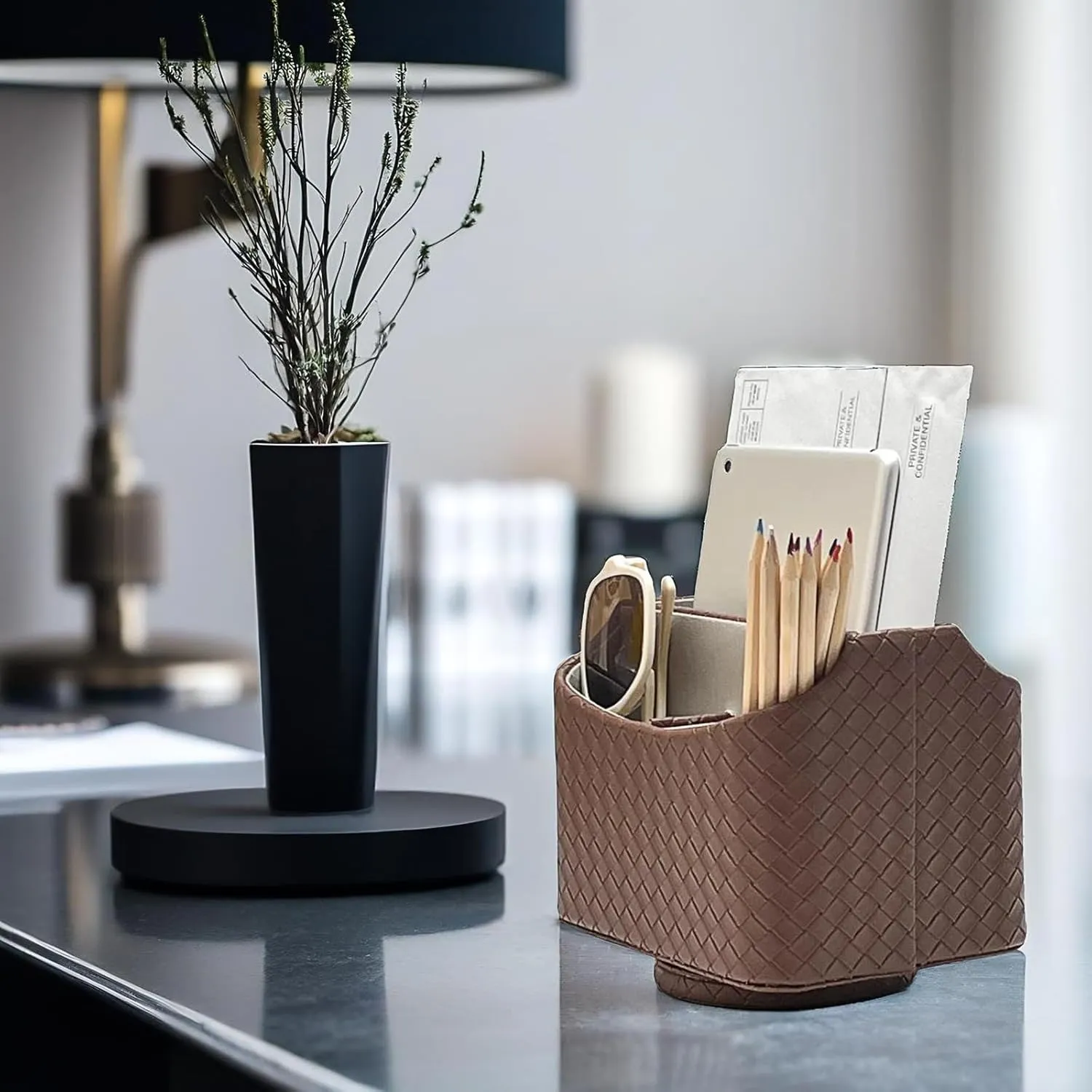 UnionBasic Rotating Desk Organizer, 360 Degree Desk Spinning Caddy, Desktop TV Guide/Mail/Media/Remote Controller Holder Organizer, Woven Coffee