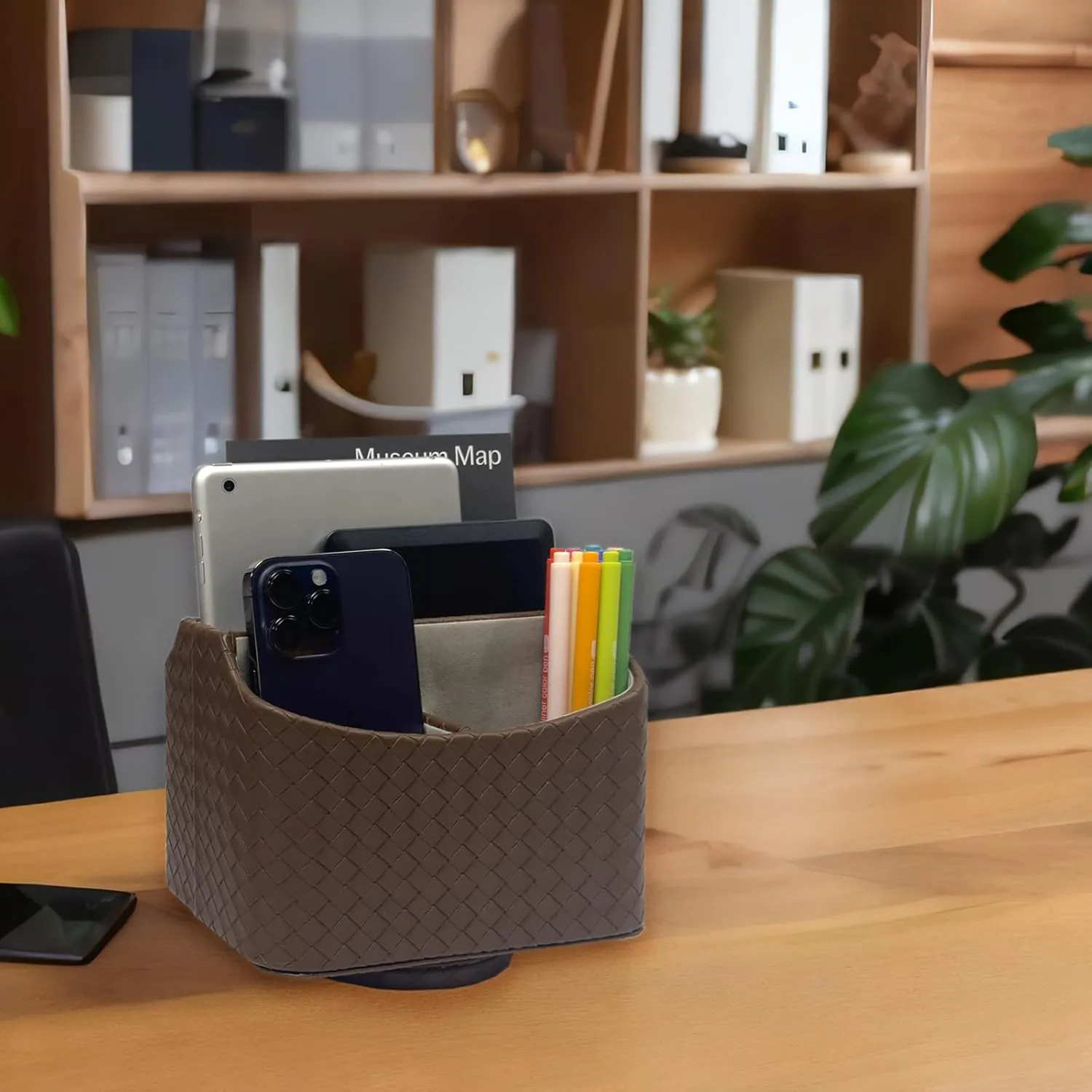 UnionBasic Rotating Desk Organizer, 360 Degree Desk Spinning Caddy, Desktop TV Guide/Mail/Media/Remote Controller Holder Organizer, Woven Coffee