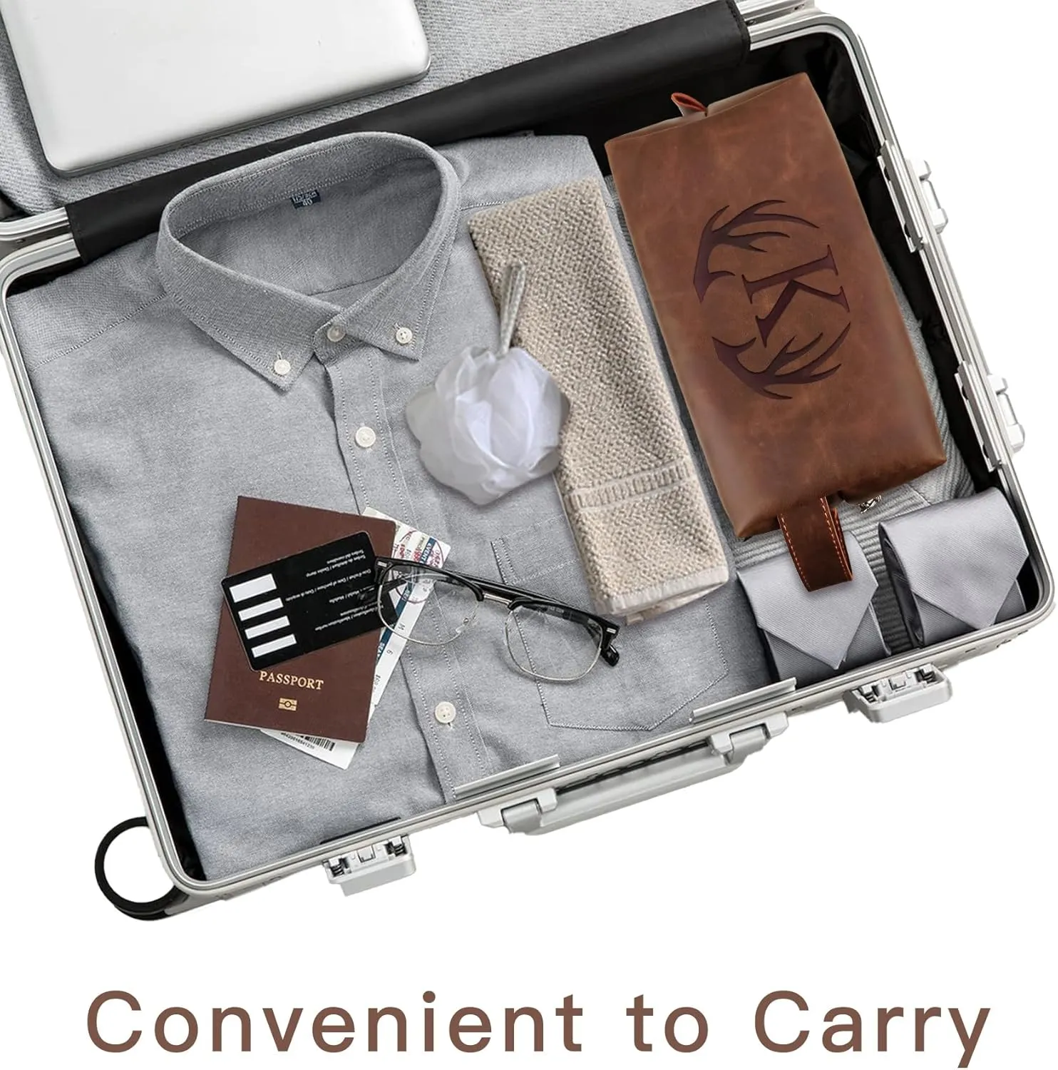 Unique Fathers Day Birthday Gifts Engraved Initial Travel Toiletry Bag for Men Personalized PU Leather Waterproof Shaving Bag for Toiletries Accessories Travel Essentials for Him (J)