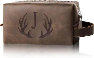 Unique Fathers Day Birthday Gifts Engraved Initial Travel Toiletry Bag for Men Personalized PU Leather Waterproof Shaving Bag for Toiletries Accessories Travel Essentials for Him (J)