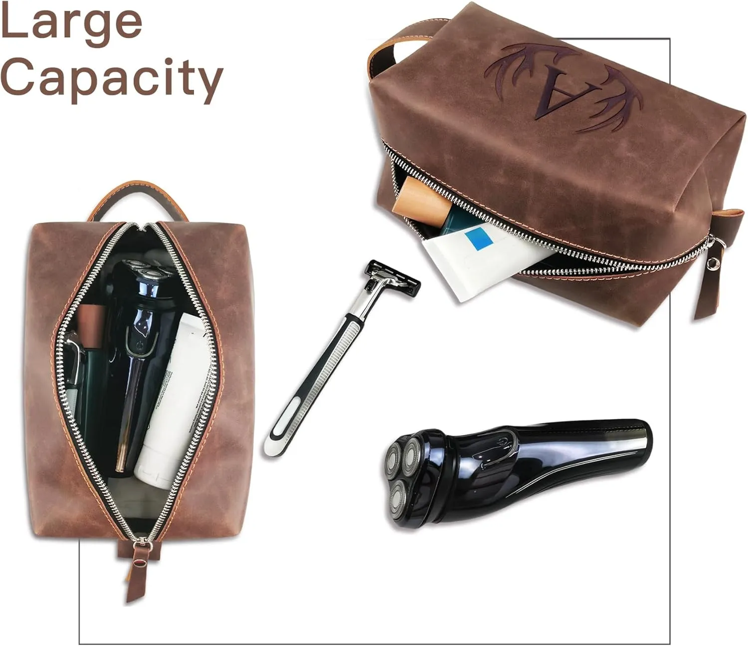 Unique Fathers Day Birthday Gifts Engraved Initial Travel Toiletry Bag for Men Personalized PU Leather Waterproof Shaving Bag for Toiletries Accessories Travel Essentials for Him (J)
