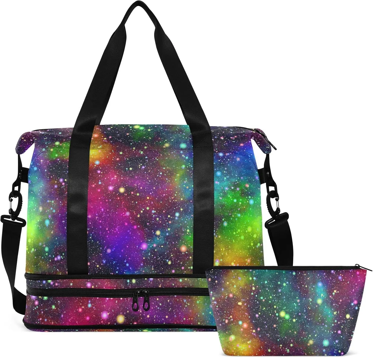 Universe, Nebula Night Starry Sky Rainbow Glittering Galaxy Gym Duffel Bag, Polyester Travel Weekender Luggage Handbag with Waterproof Pocket for Wet Items, Unisex Foldable Tote for Sports