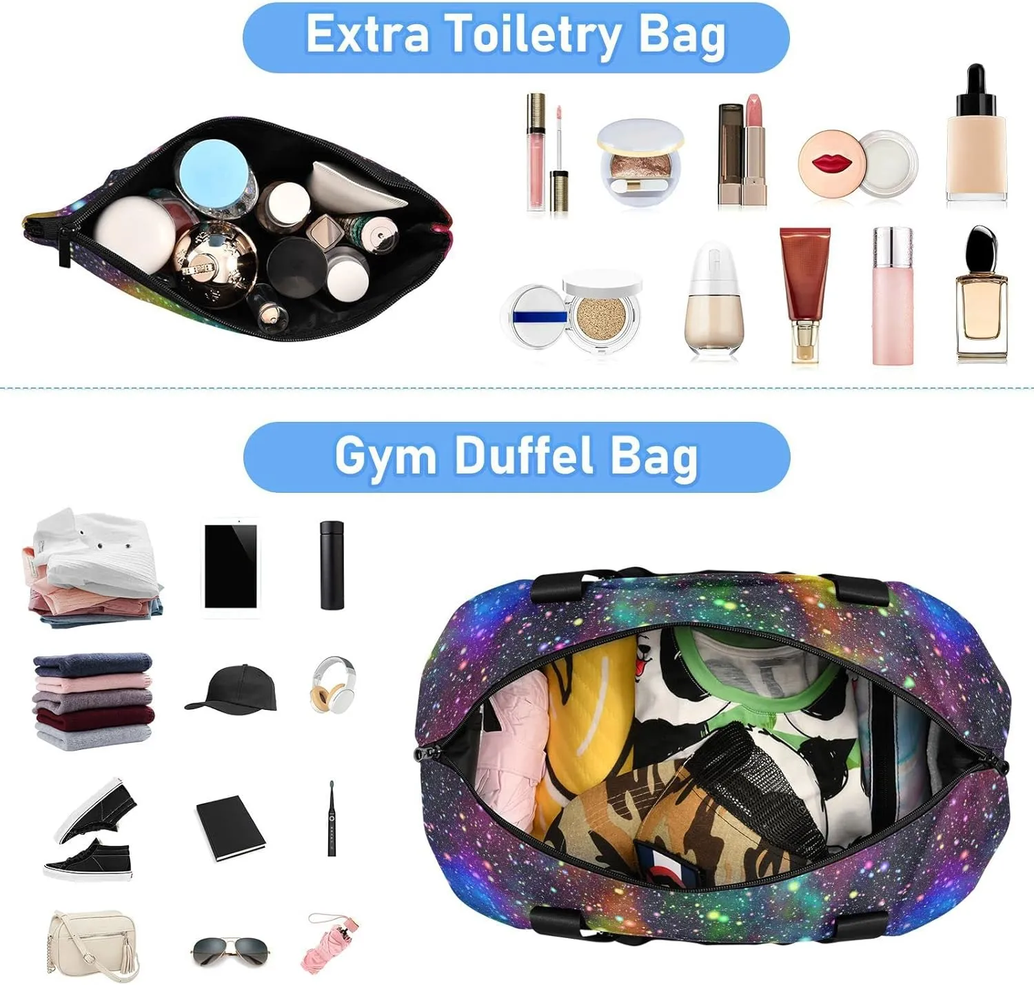 Universe, Nebula Night Starry Sky Rainbow Glittering Galaxy Gym Duffel Bag, Polyester Travel Weekender Luggage Handbag with Waterproof Pocket for Wet Items, Unisex Foldable Tote for Sports