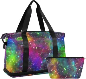 Universe, Nebula Night Starry Sky Rainbow Glittering Galaxy Gym Duffel Bag, Polyester Travel Weekender Luggage Handbag with Waterproof Pocket for Wet Items, Unisex Foldable Tote for Sports