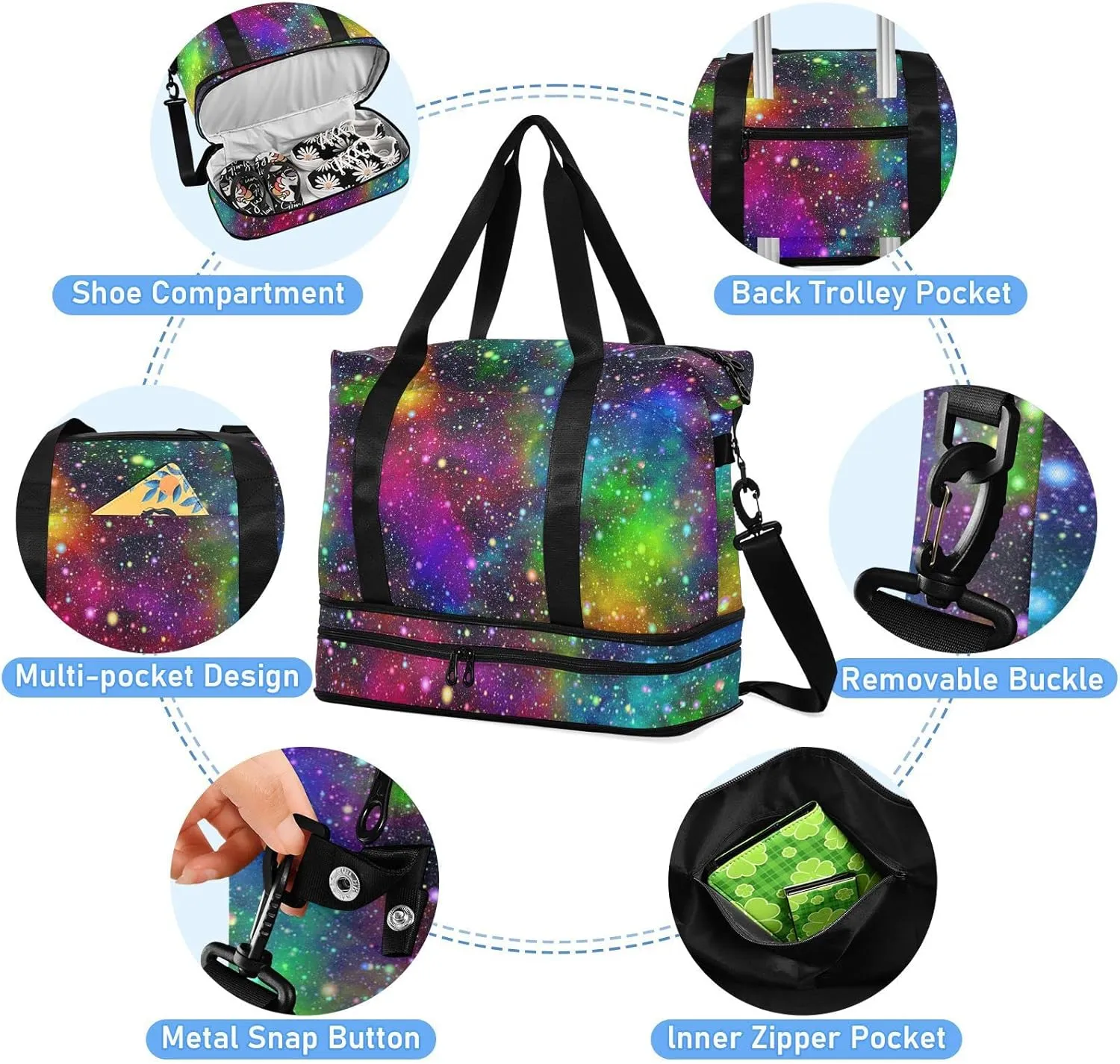 Universe, Nebula Night Starry Sky Rainbow Glittering Galaxy Gym Duffel Bag, Polyester Travel Weekender Luggage Handbag with Waterproof Pocket for Wet Items, Unisex Foldable Tote for Sports