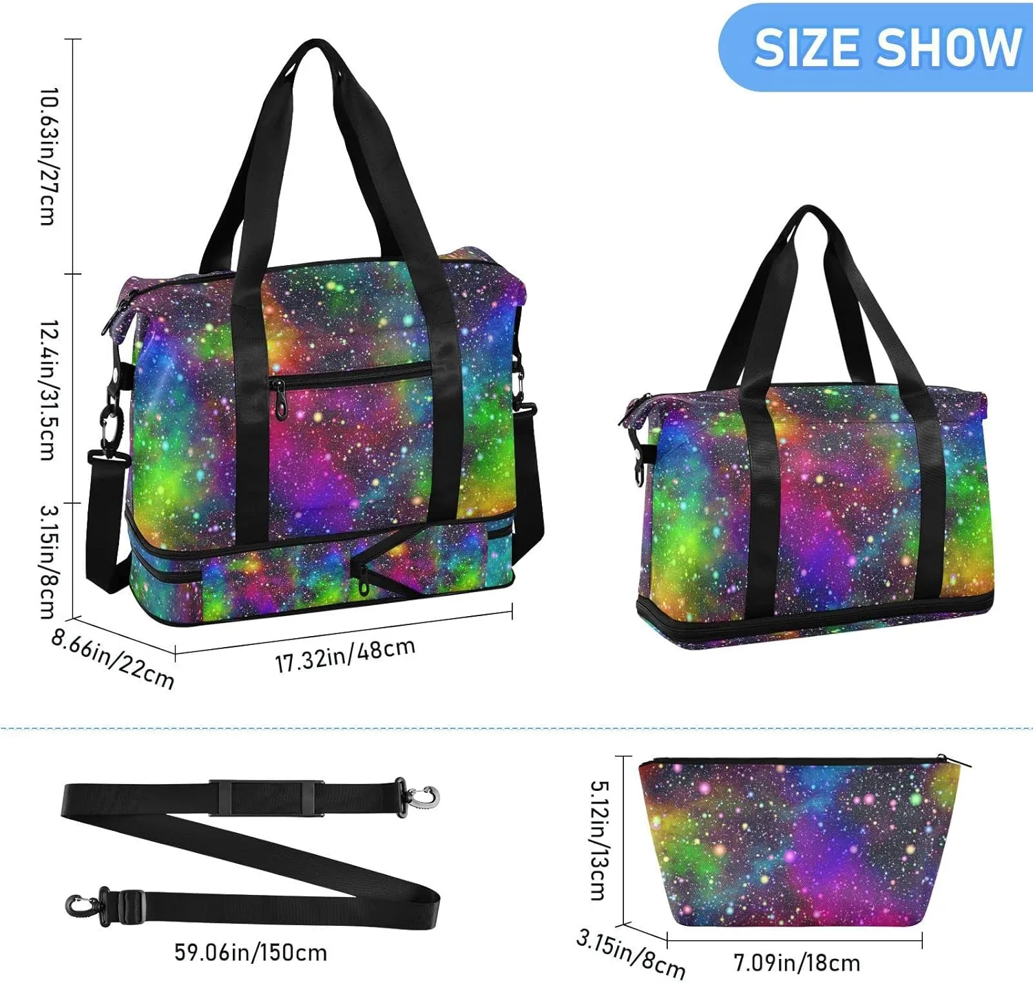Universe, Nebula Night Starry Sky Rainbow Glittering Galaxy Gym Duffel Bag, Polyester Travel Weekender Luggage Handbag with Waterproof Pocket for Wet Items, Unisex Foldable Tote for Sports