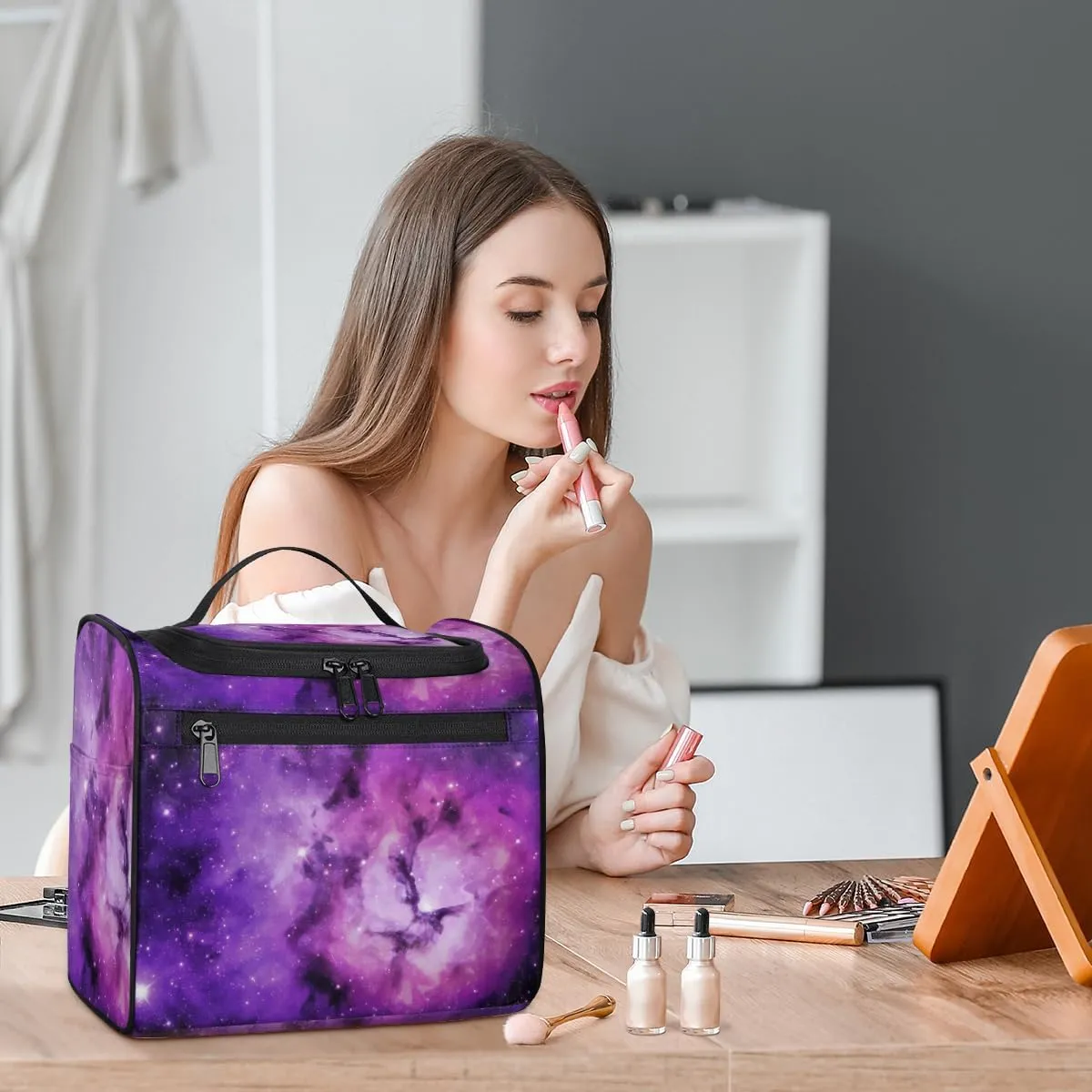 Universe Outer Space Theme Large Travel Toiletry Bag for Women, Travel Organizer for Toiletries, Waterproof Makeup Cosmetic Bag with Handle
