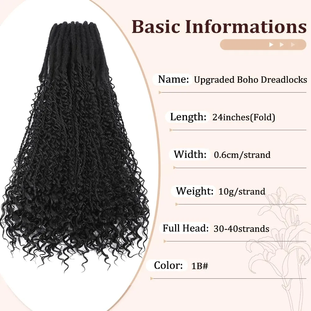 Upgraded Boho Dreads Synthetic Boho Double Ended Dreads with Twist Braids 24inches 10 Strands Thin Soft DE Dreadlock Extensions with Upgraded Strands for Women (1B#)