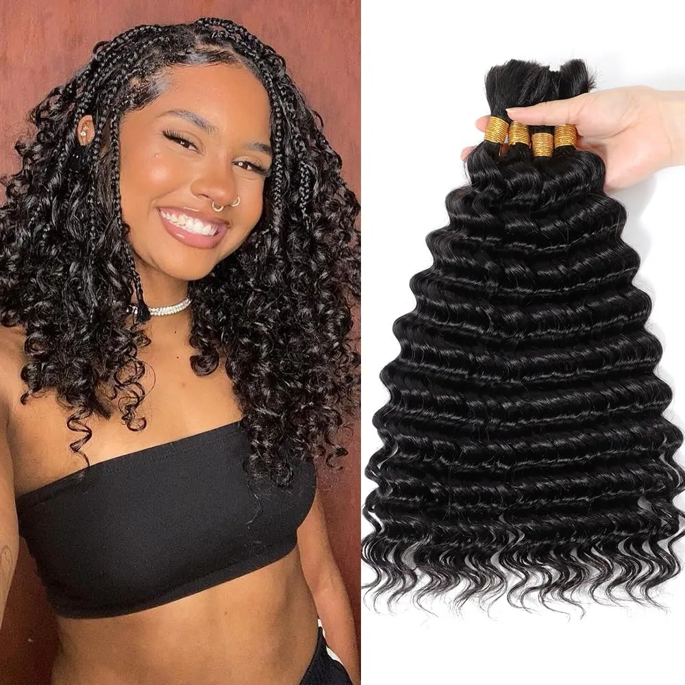 Urbeauty Human Braiding Hair for Boho Bob Braids Deep Wave Bohemian Hair for Braiding,14 in Boho Braids Bulk Human Hair Knotless, Boho Locs, Boho Twist, Gypsy, Goddess, Curly, Micro, No Weft #1B