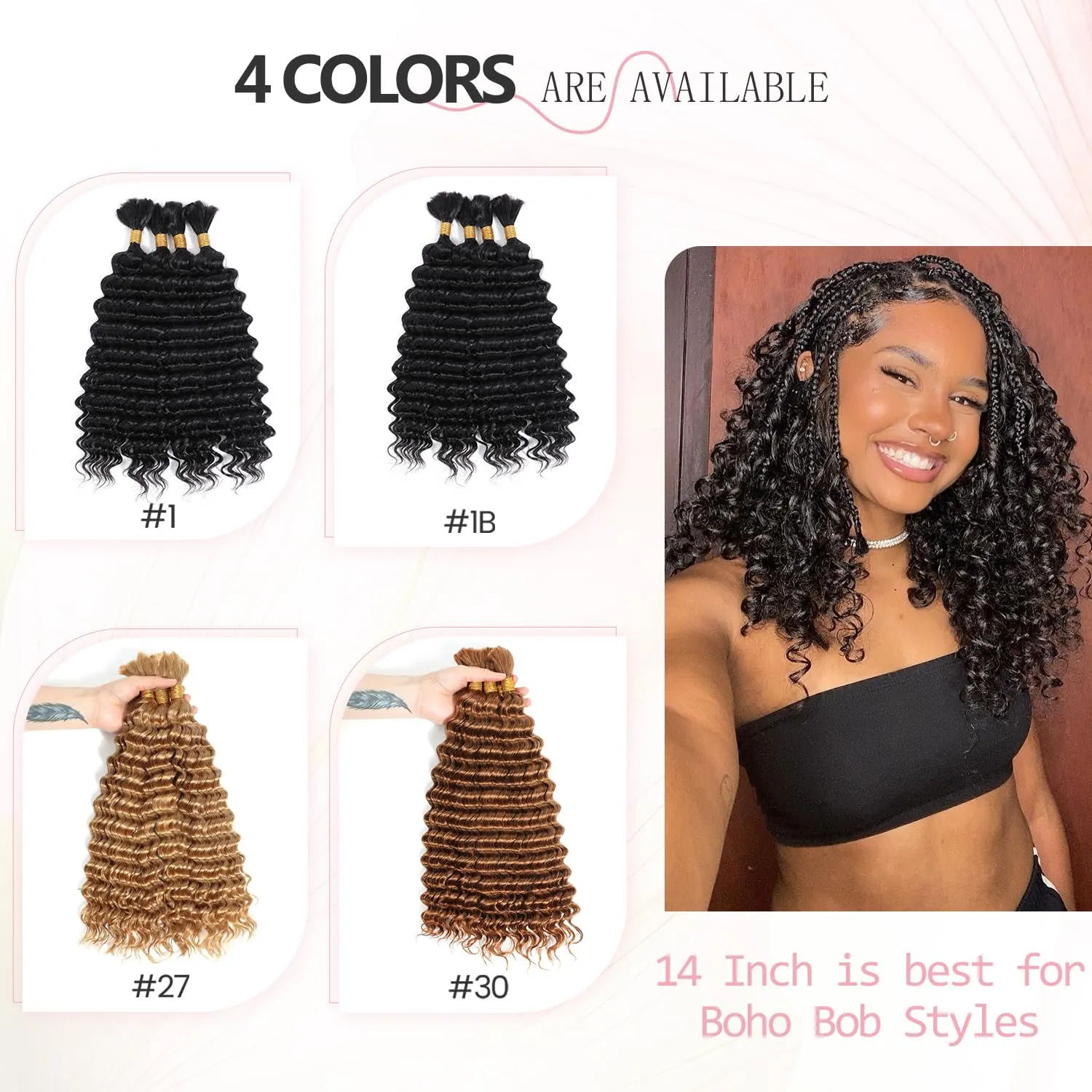 Urbeauty Human Braiding Hair for Boho Bob Braids Deep Wave Bohemian Hair for Braiding,14 in Boho Braids Bulk Human Hair Knotless, Boho Locs, Boho Twist, Gypsy, Goddess, Curly, Micro, No Weft #1B