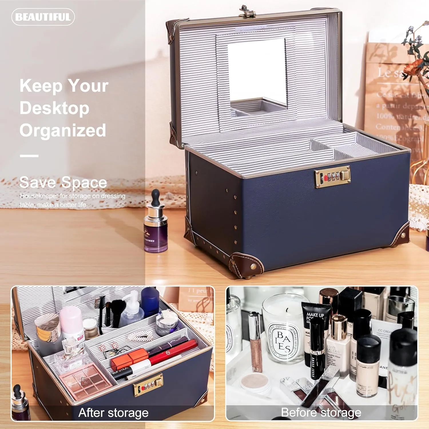 urecity Portable Retro Leather Makeup Train Case Cosmetic Organizer Case Leather Storage Box with Combination Lock (12.5", Retro Blue)