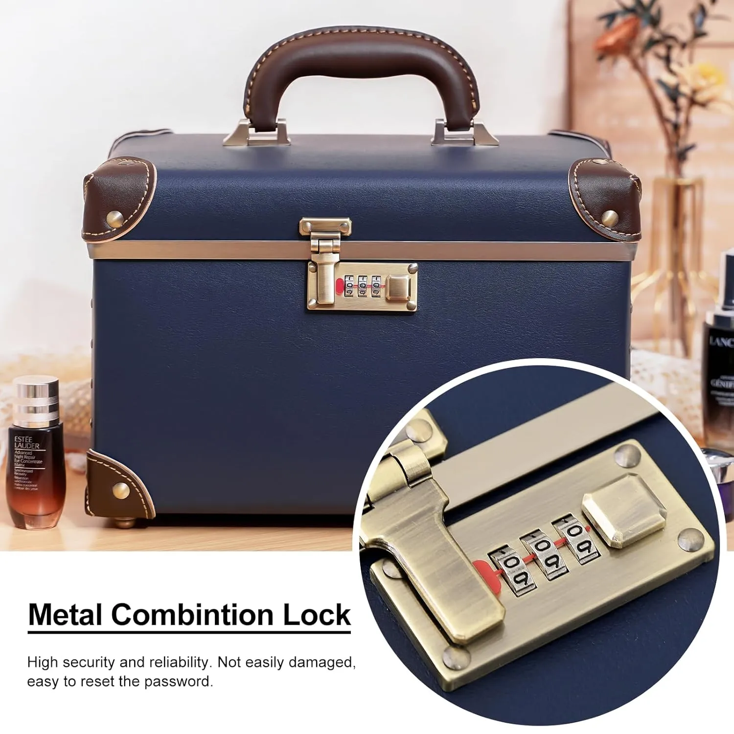 urecity Portable Retro Leather Makeup Train Case Cosmetic Organizer Case Leather Storage Box with Combination Lock (12.5", Retro Blue)