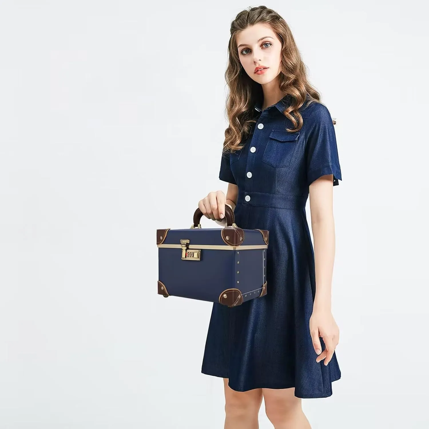 urecity Portable Retro Leather Makeup Train Case Cosmetic Organizer Case Leather Storage Box with Combination Lock (12.5", Retro Blue)
