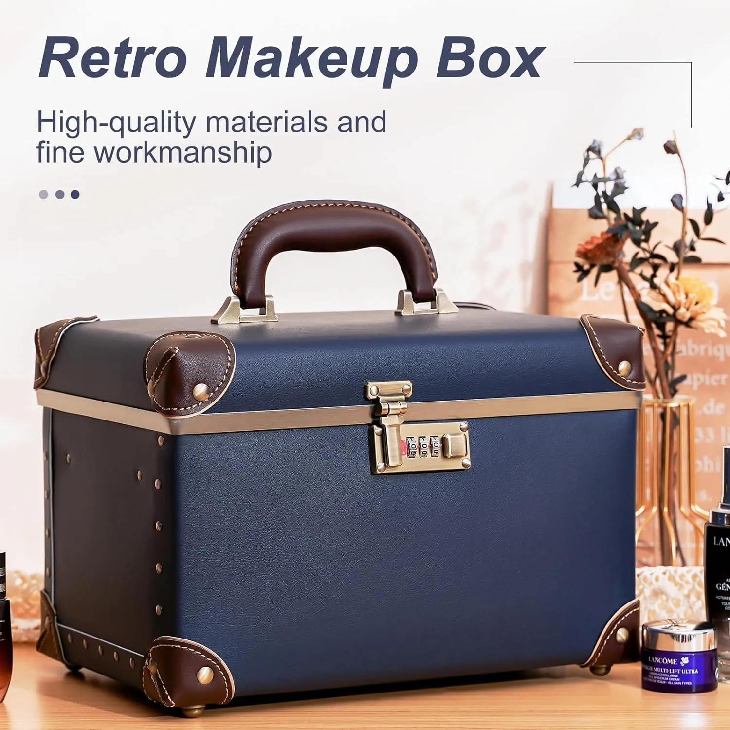 urecity Portable Retro Leather Makeup Train Case Cosmetic Organizer Case Leather Storage Box with Combination Lock (12.5", Retro Blue)