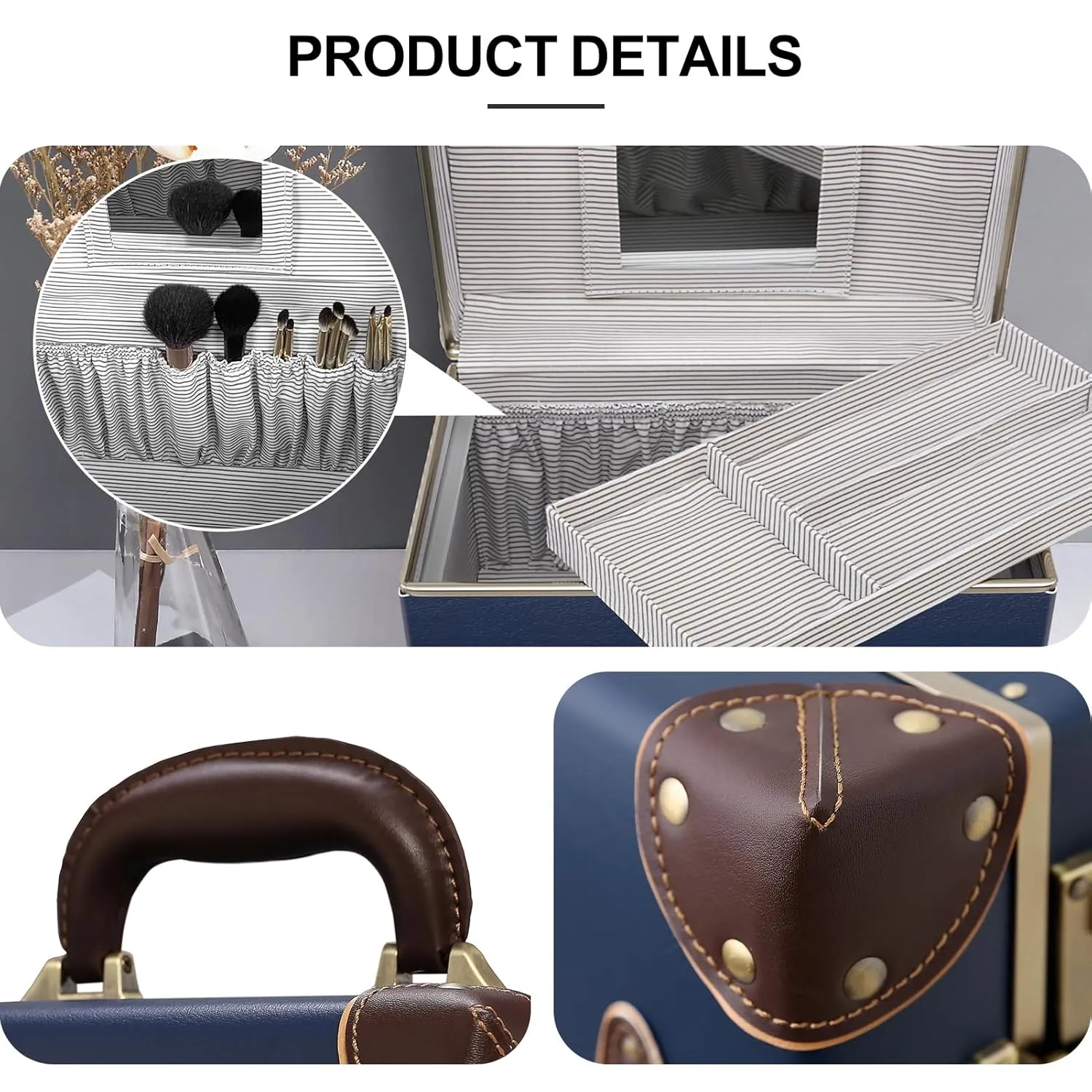 urecity Portable Retro Leather Makeup Train Case Cosmetic Organizer Case Leather Storage Box with Combination Lock (12.5", Retro Blue)