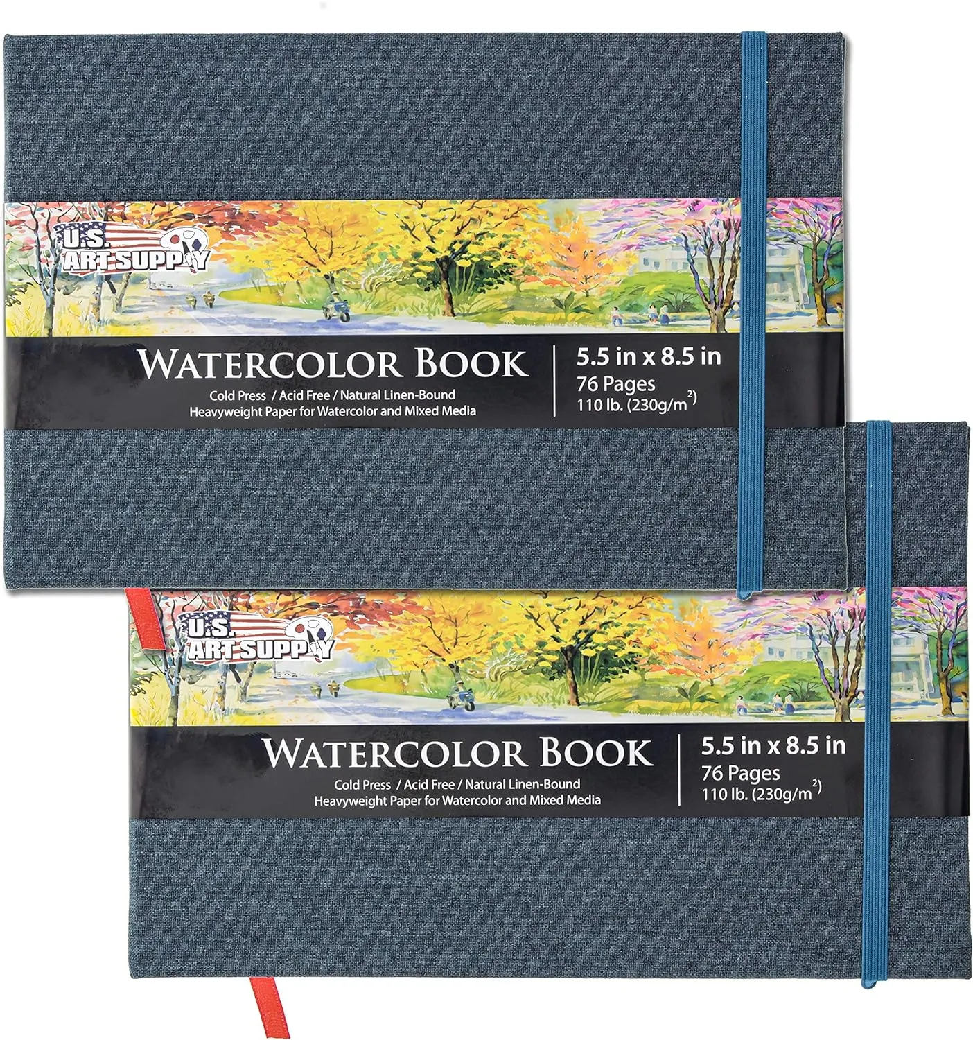 U.S. Art Supply 5.5" x 8.5" Watercolor Book (2 Pack, 76 Sheets Each) - 110lb (230 GSM) Linen-Bound Hardcover Artist Paper Pads - Acid-Free Cold-Pressed Watercolor Paper Pad Mixed Media