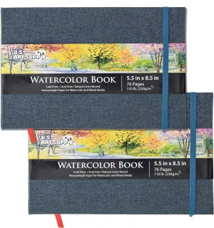 U.S. Art Supply 5.5" x 8.5" Watercolor Book (2 Pack, 76 Sheets Each) - 110lb (230 GSM) Linen-Bound Hardcover Artist Paper Pads - Acid-Free Cold-Pressed Watercolor Paper Pad Mixed Media