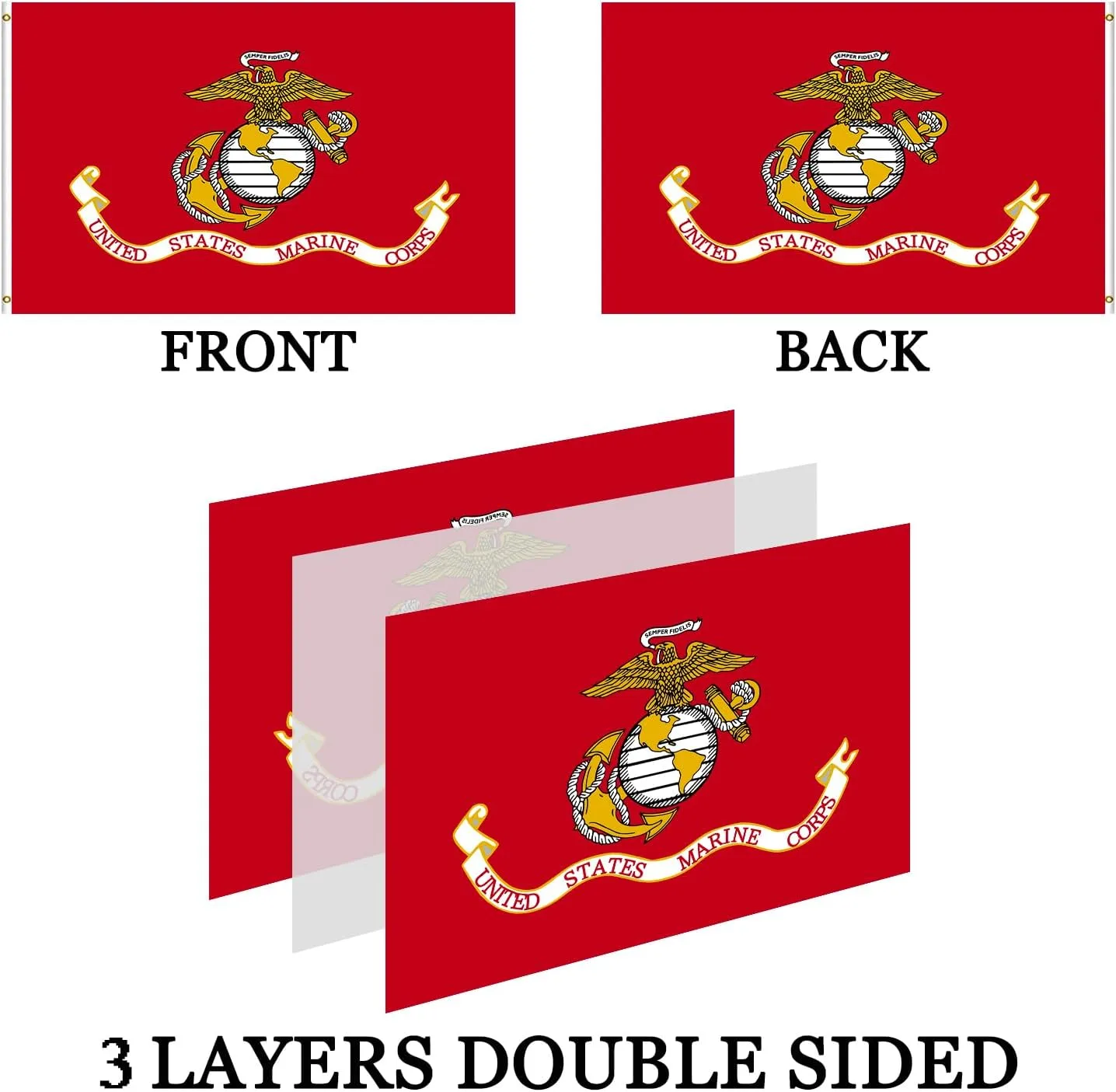 US Marine Corps USMC Flag Outdoor 3x5 Double Sided- 3Ply 240D 4 Rows Stitched- United States Marine Corps Flag- UV Fade Resistant With Canvas Header & 2 Brass Grommets