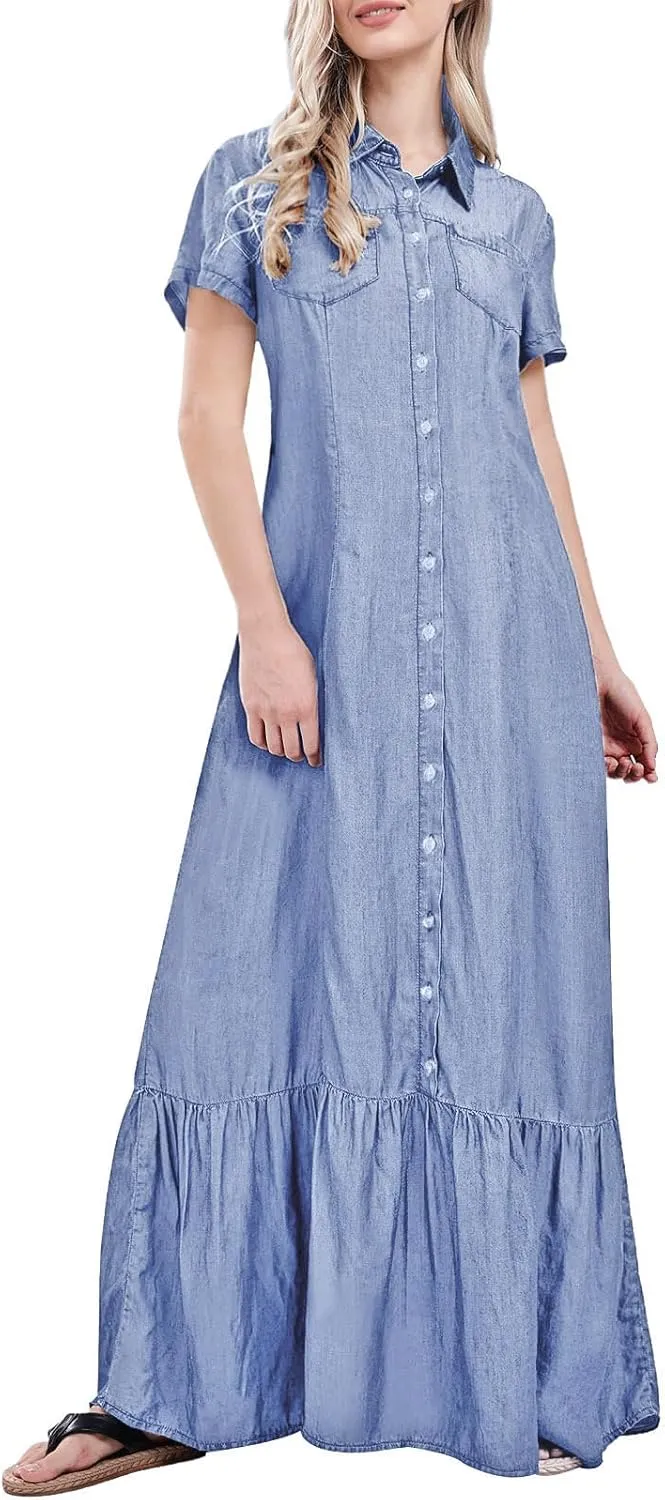 utcoco Womens Short Sleeve Denim Maxi Dress Casual Loose Fit Button Down Long Jean Dresses