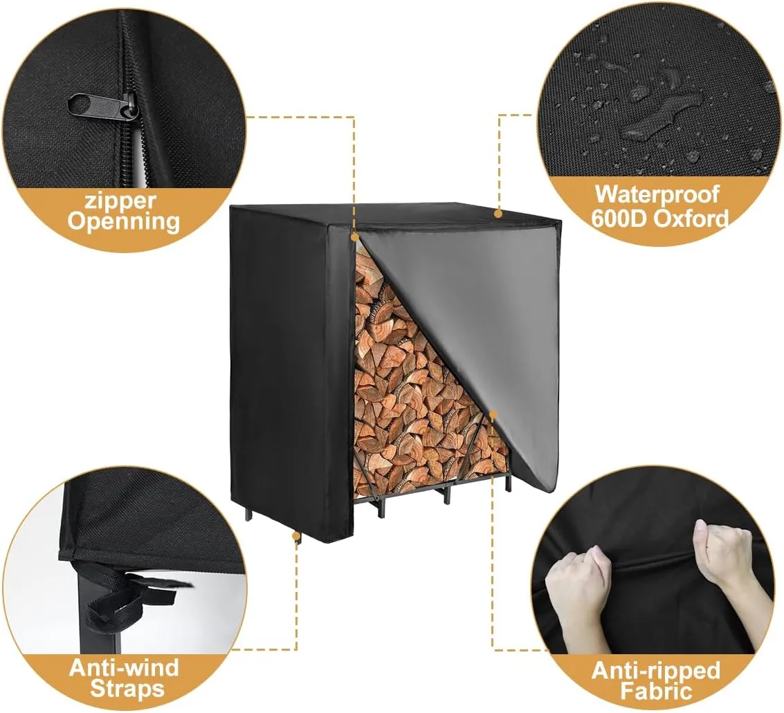 Vailge 4ft Firewood Rack Cover, Heavy Duty Waterproof Oxford Outdoor Firewood Storge Cover with Zipper and Openable Front Flap, Cover Only,48''*23''*46'',Black