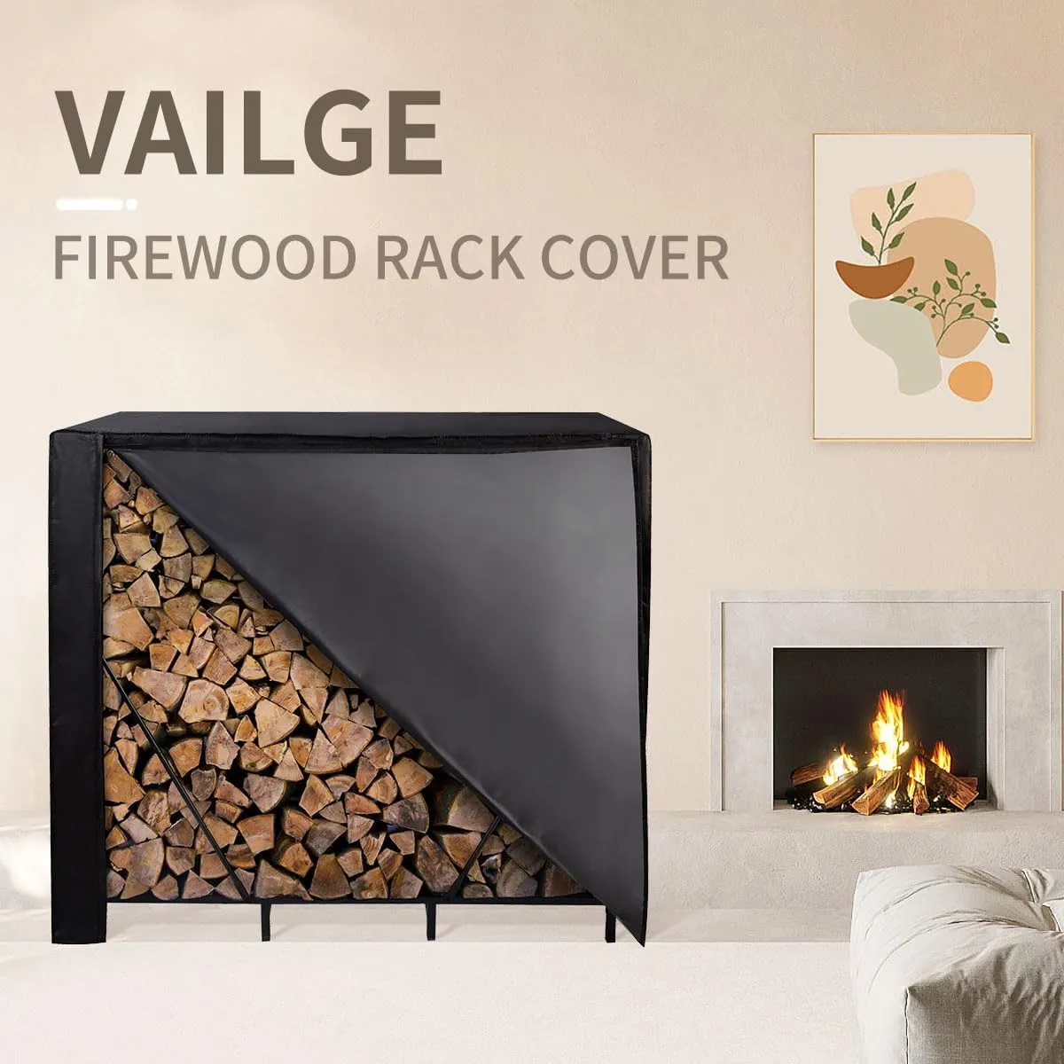 Vailge 4ft Firewood Rack Cover, Heavy Duty Waterproof Oxford Outdoor Firewood Storge Cover with Zipper and Openable Front Flap, Cover Only,48''*23''*46'',Black