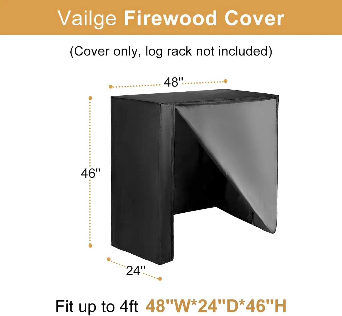 Vailge 4ft Firewood Rack Cover, Heavy Duty Waterproof Oxford Outdoor Firewood Storge Cover with Zipper and Openable Front Flap, Cover Only,48''*23''*46'',Black