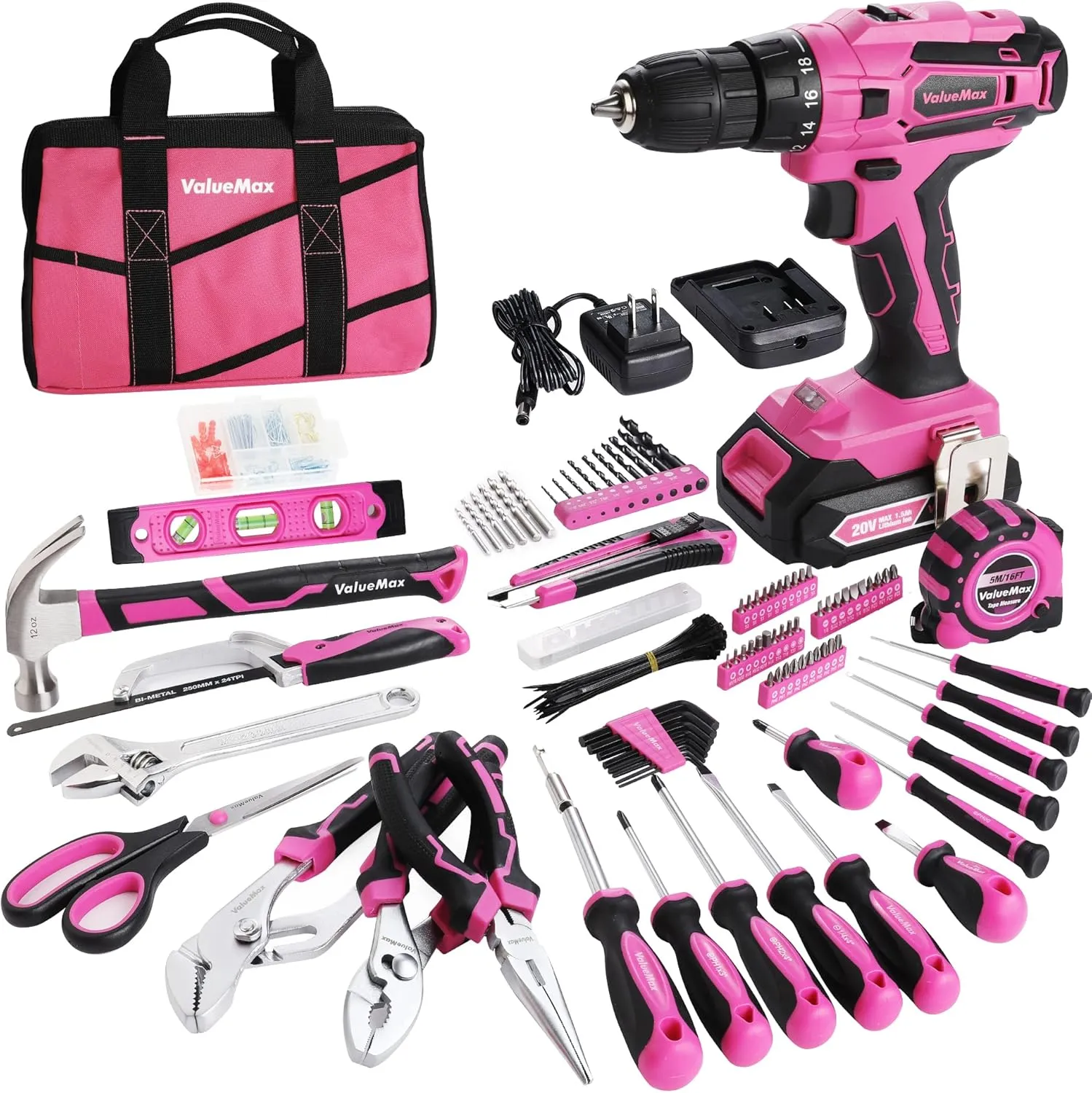 ValueMax Home Tool Kit with Cordless Lithium-ion Drill, 238-Piece Pink Tool Set, Power Tool Set with Wide Mouth Open Storage Bag, Basic Drill Sets Combo Kit for DIY and Daily Repair