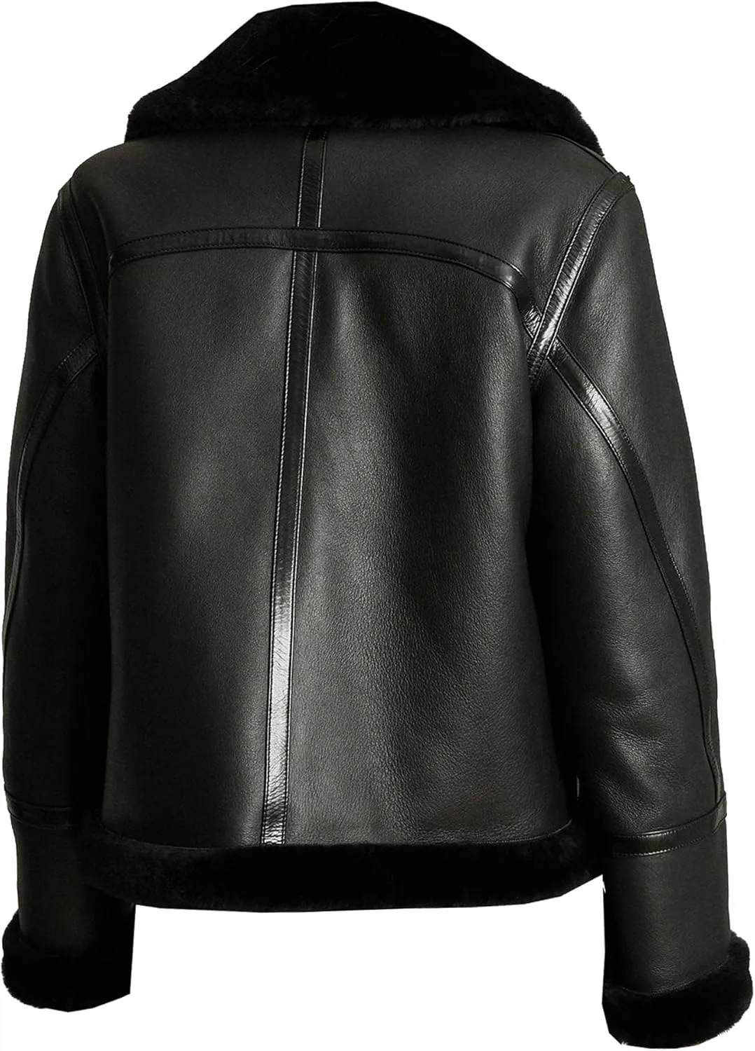 VearFit Black Shearling Aviator Sheepskin Real Black Leather Jacket for Women