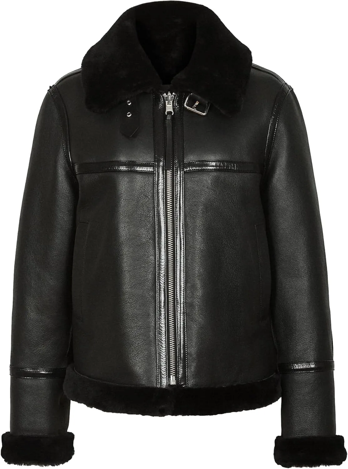 VearFit Black Shearling Aviator Sheepskin Real Black Leather Jacket for Women