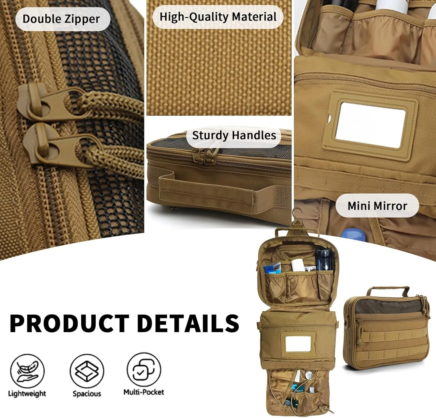 VELVEBAG Mens Toiletry Travel Bag Hanging Toiletry Bag for Men Travel Toiletry Bag Shaving Bag for Men Travel for Cosmetic,Toiletries,Accessories Khaki