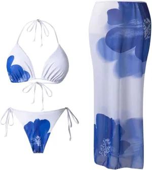 Verdusa Women's 3 Piece Floral Print Bikini Sets Swimsuit with Mesh Maxi Skirt