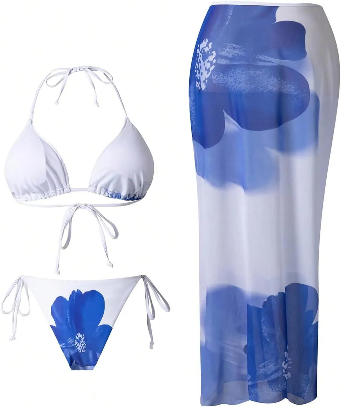 Verdusa Women's 3 Piece Floral Print Bikini Sets Swimsuit with Mesh Maxi Skirt