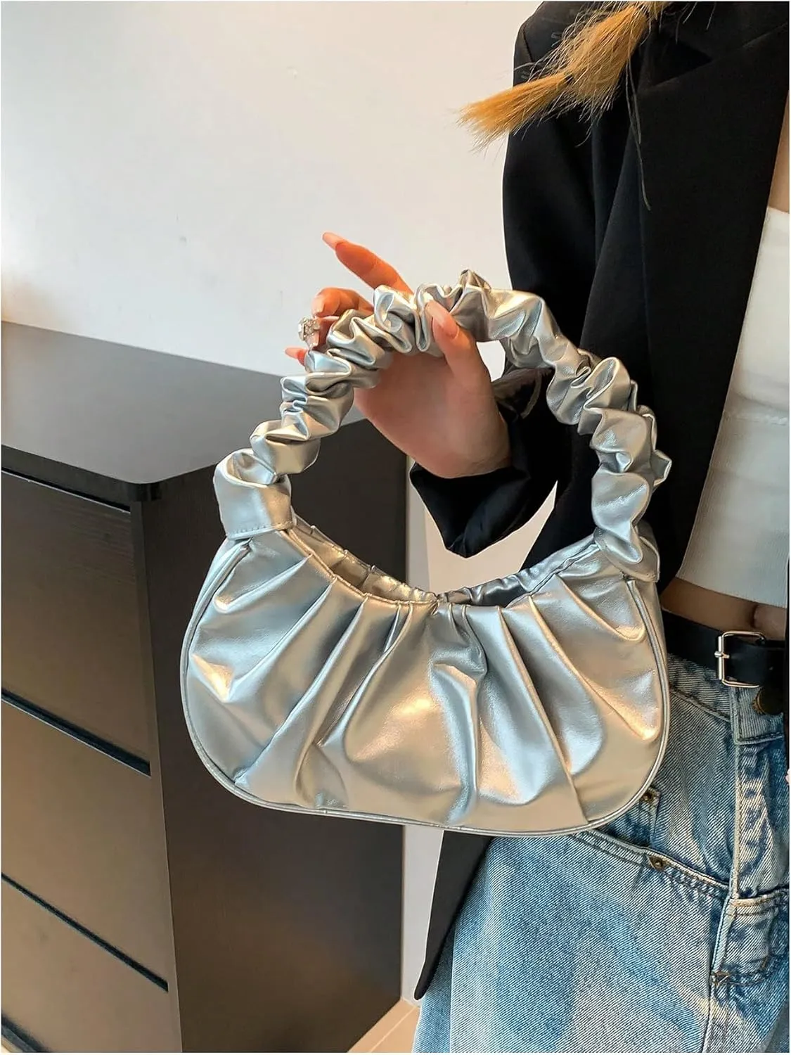 Verdusa Women's Pleated Handbags Ruched Top Handle Satchel Purse Denim Clutch Bags