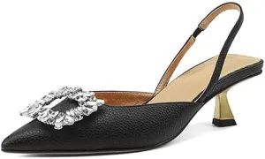Vertundy Women's Slingback Kitten Heels Pointed Toe Rhinestones Stiletto Pumps