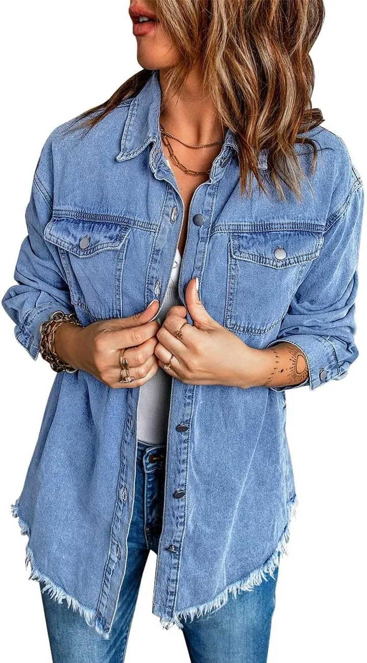 Vetinee Women’s Oversized Button Up Frayed Hem Shacket Long Sleeve Pockets Denim Jean Jacket