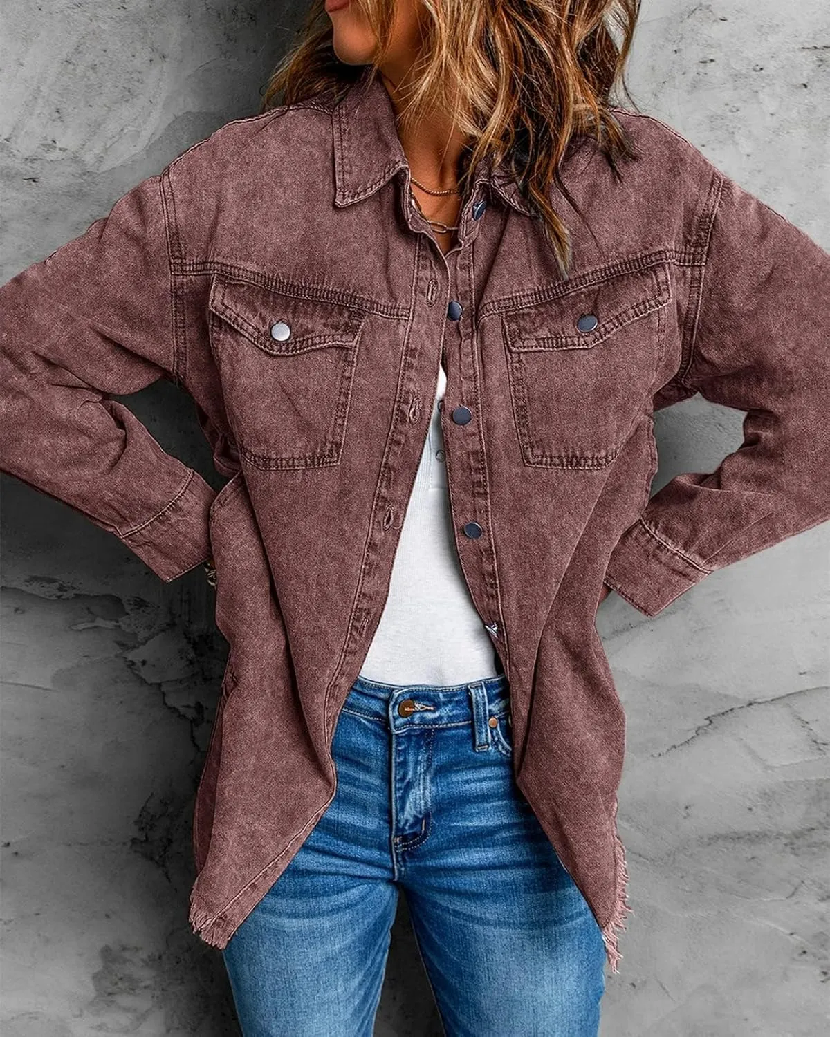 Vetinee Women’s Oversized Button Up Frayed Hem Shacket Long Sleeve Pockets Denim Jean Jacket