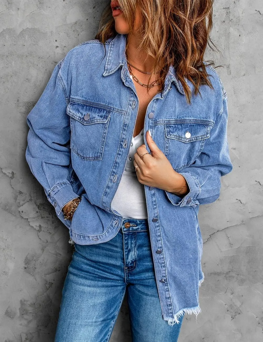 Vetinee Women’s Oversized Button Up Frayed Hem Shacket Long Sleeve Pockets Denim Jean Jacket