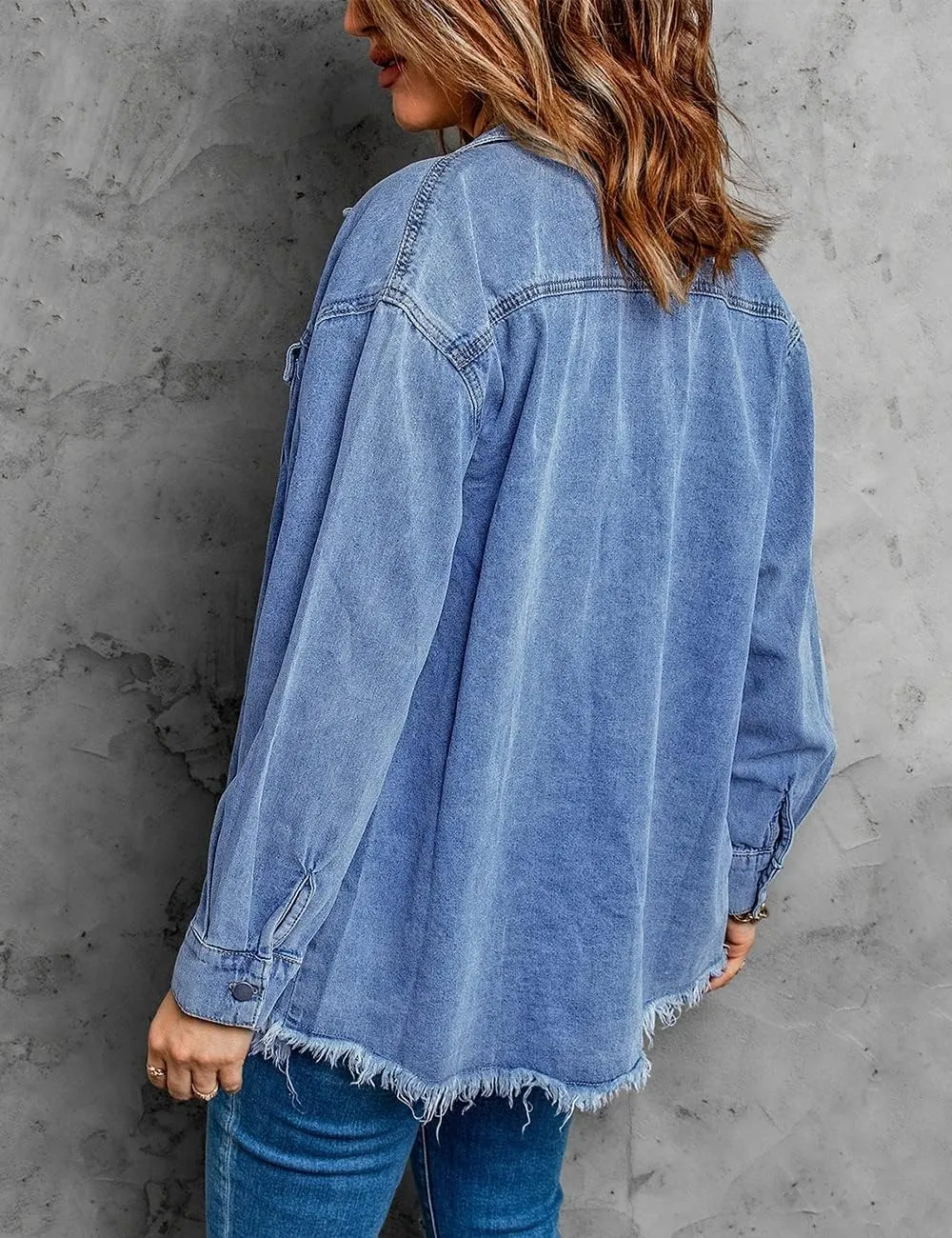 Vetinee Women’s Oversized Button Up Frayed Hem Shacket Long Sleeve Pockets Denim Jean Jacket