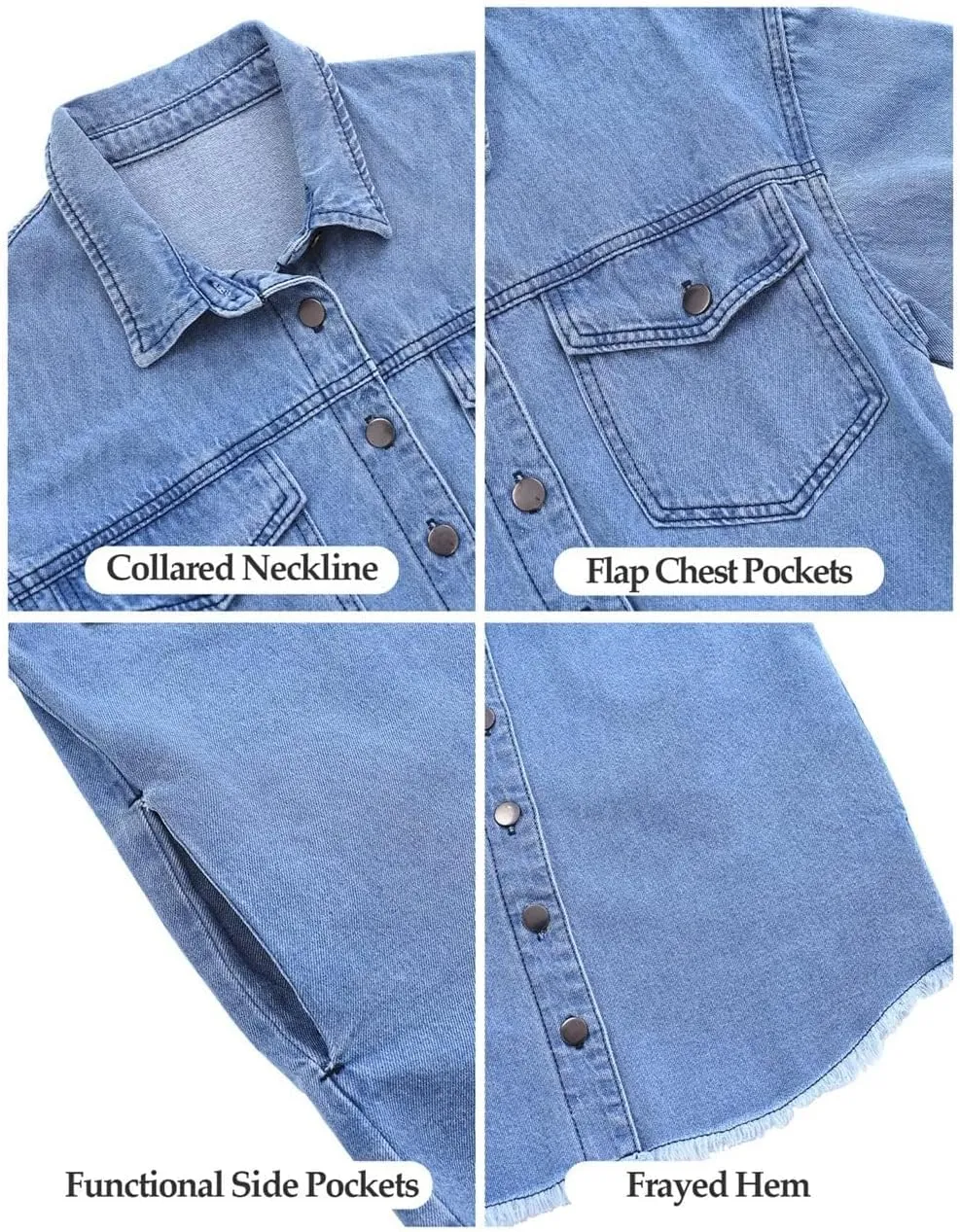 Vetinee Women’s Oversized Button Up Frayed Hem Shacket Long Sleeve Pockets Denim Jean Jacket