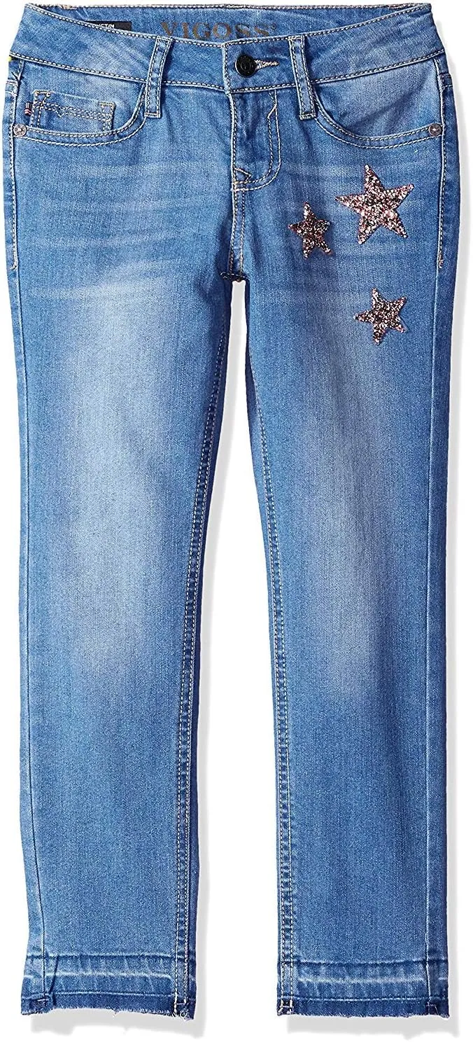 VIGOSS Girl's Adjustable Waistband Embellished Ankle Skinny Jeans (Pink Stars, 14)