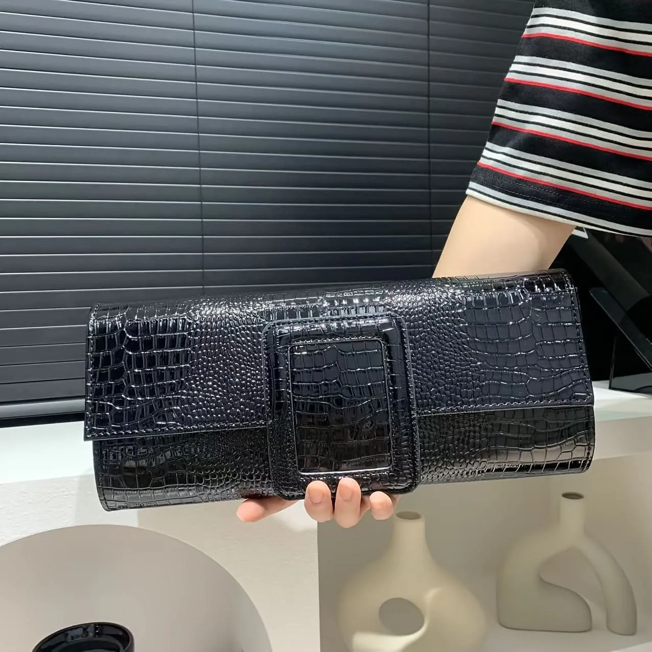 Vintage Crocodile Envelope Clutch, Faux Leather Crossbody