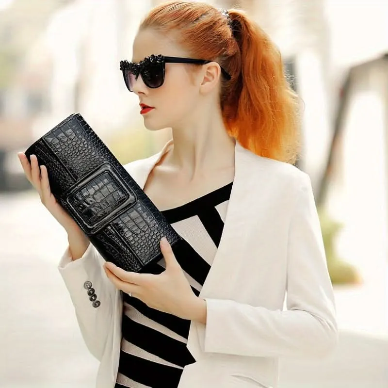 Vintage Crocodile Envelope Clutch, Faux Leather Crossbody