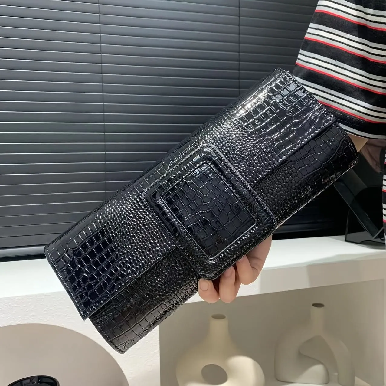 Vintage Crocodile Envelope Clutch, Faux Leather Crossbody