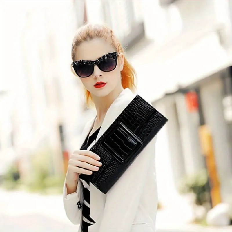 Vintage Crocodile Envelope Clutch, Faux Leather Crossbody